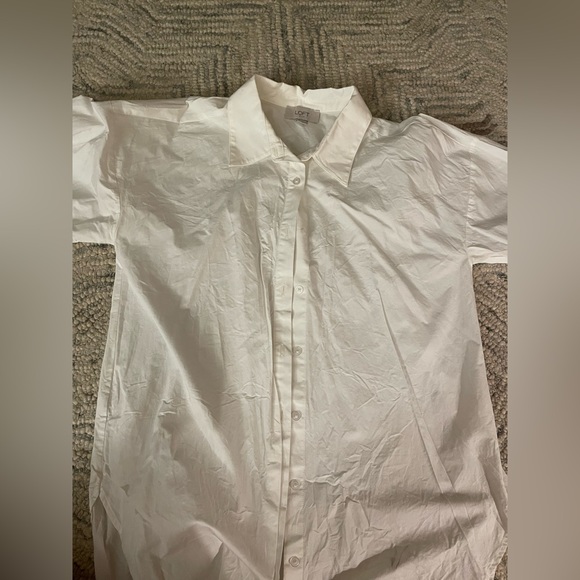 Loft Outlet White Button Up Puff Sleeve Curved Hem Collared Shirt - Picture 2 of 4